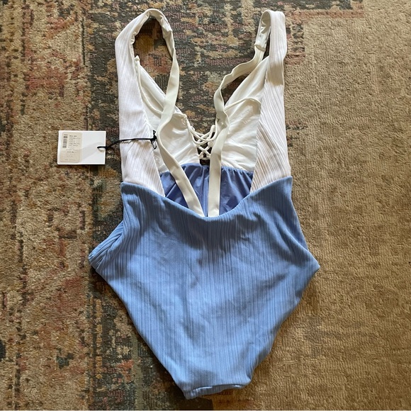 Onia Ribbed White and Blue One Piece Swimsuit - Picture 4 of 6